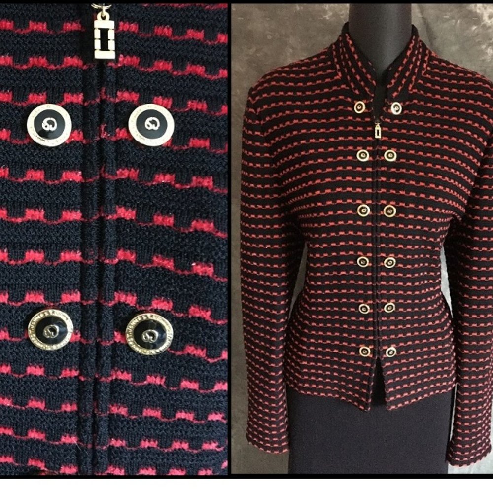 st john red black knit jacket blazer size 6